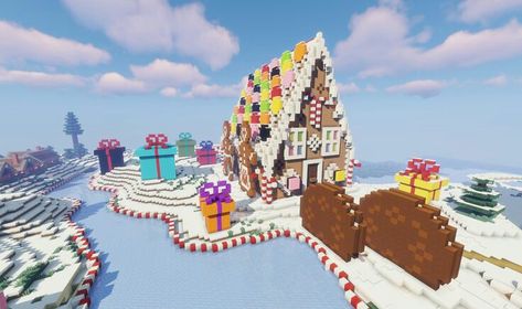 Ginger Bread House Minecraft, Mincraft Idea Christmas, Candy House Minecraft, Minecraft Snowglobe, Minecraft Ice Skating Rink, Minecraft Winter Wonderland, Gingerbread House Minecraft, Christmas Builds Minecraft, Christmas House Minecraft