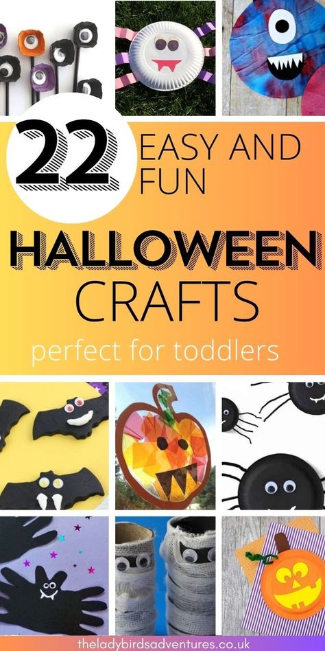 9 small photos of Halloween crafts. Text reads 22 easy and fun halloween crafts perfect for toddlers Halloween Crafts For Preschoolers, Pumpkin Crafts Kids, Easy Halloween Crafts For Toddlers, Simple Halloween Crafts, Halloween Spider Craft, Halloween Craft Ideas, Mummy Crafts, Halloween Art Projects, Ghost Crafts