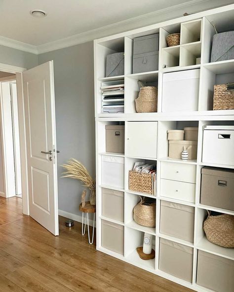 Ikea Kallax Study Room, Floor To Ceiling Cube Storage, Kallax Ideas Office Spaces, Kallax Organization Ideas Office, Large Kallax Ideas, Cube Shelf Decor Office, Kallax Ikea Office, Cube Bookshelf Makeover, Kallax 16 Cube Ideas