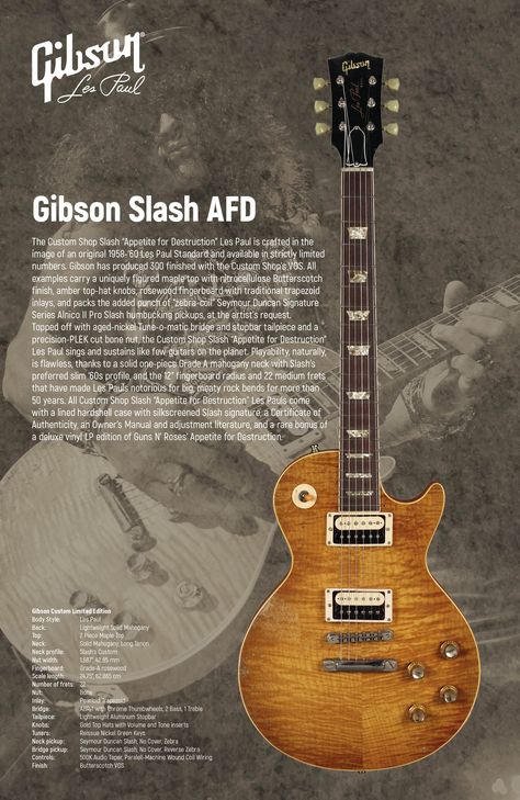 Slash has been a devoted Les Paul player ever since, throughout his years with Guns N’ Roses and later with Slash’s Snakepit and Velvet Revolver. He has taken a number of Gibson Signature models on the road, and owned and recorded with near-priceless vintage late ’50s ’Bursts. To honor his achievements on the instrument, Gibson’s Custom Shop introduces the Slash “Appetite for Destruction” Les Paul, a guitar made in the image of the axe that launched a thousand riffs. Gibson Les Paul Slash, Slash Les Paul, Vintage Les Paul, Guitar Drawing, Famous Guitars, Velvet Revolver, Epiphone Guitars, Guitar Posters, Signature Guitar