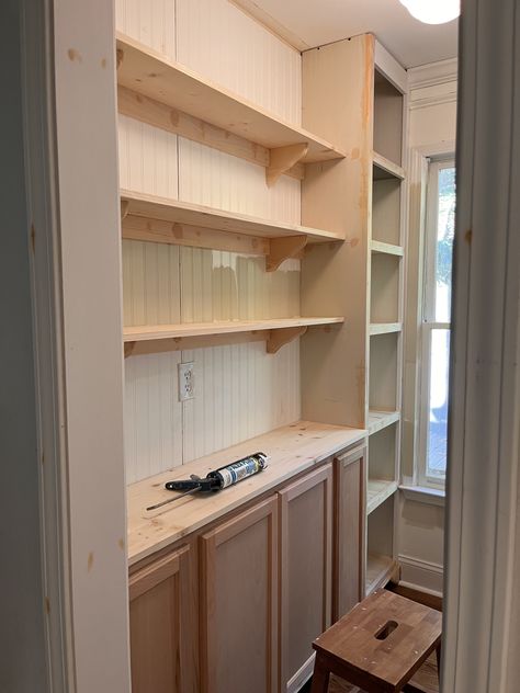 Small Hallway Butlers Pantry, Small Butlers Pantry With Window, Pantry To Butlers Pantry, Ikea Pantry Makeover, Closet To Butlers Pantry, Butlers Pantry Hallway, Open Kitchen Island Ideas, Pantry Plans Layout, Closet In Basement