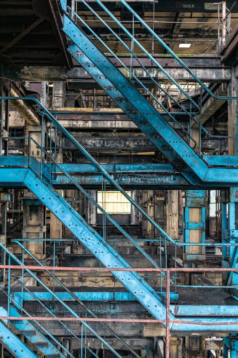 photo print of beautiful blue turquoise urbex industrial iron staircase in an abandoned  factory in France. This industrial urbex print in bold colors will fit into any industrial or modern decor scheme.  Enjoy the industrial vibe of this wall art in the living room, bedroom,  dining room, even the office! All my photographs are printed on professional, premium quality photo paper. The lovely satin or glossy finish provides intense colors that will last a lifetime. Thank you for visiting! All ph Industrial Aesthetic Photography, Abandoned Factory Aesthetic, Dark Industrial Aesthetic, Industrial Set Design, Industrial Design Aesthetic, Industrial Loft Apartment Warehouse Living, Abandoned Warehouse Aesthetic, Industrial Esthetic, Industrial England