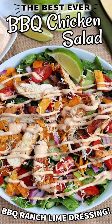 This healthy and hearty BBQ CHICKEN SALAD is loaded with fresh vegetables, grilled BBQ chicken, and crunchy tortilla strips. It's topped with a flavourful BBQ, ranch and lime dressing. Quick and tasty, it's guaranteed to be a hit with your entire family! Bbq Chicken Salad Dressing, Salad With Bbq Chicken, Chicken Strip Salad, Chicken Salad Dinner, Salad With Grilled Chicken, Grilled Chicken Salads, Bbq Chicken Chopped Salad, Barbecue Chicken Salad, Bbq Chicken Salad Healthy