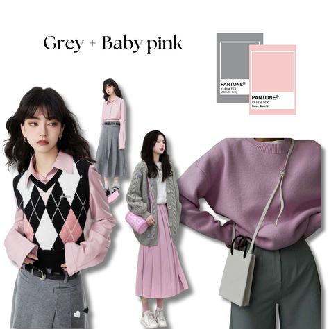 Colors Matching Grey, Gray Matching Colors Outfit, Mauve Outfit Ideas Color Combos, Good Color Combos For Outfits, Gray Combination Color Clothes, Grey Colour Combination Outfits, Gray Color Combinations Outfit, Baby Pink Color Combination, Pink Matching Colors