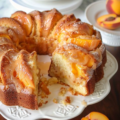 Peach Cobbler Pound Cake Preppy Kitchen Peach Cake, Sour Cream Peach Cake, Peach Cobbler Loaf, Peach Pound Cake Recipe Sour Cream, Peach Cornmeal Cake, Dessert With Fresh Peaches, Fresh Peach Cake Ina Garten, Peach Custard Cake, Peach Pecan Bread