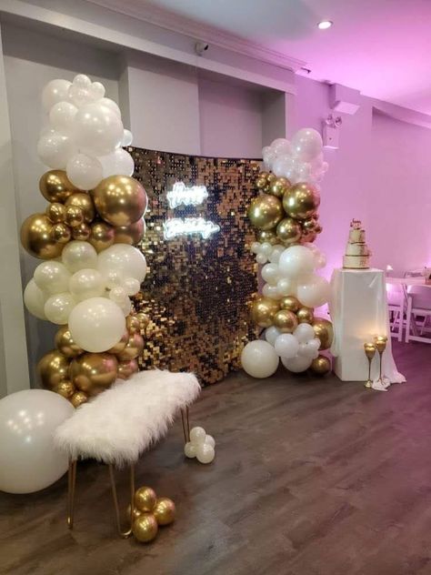 Balloons, Party Decor, background for any occasion. 3 tier cake. White And Gold 50th Birthday Party, Birthday Ideas White And Gold, Red White Gold Decorations Party, Gold Prom Theme Decorations, Champagne Gold Decorations, All Gold Party Decorations, Sweet 16 Party Ideas Gold And White, White And Gold Masquerade Party, Birthday Party Gold And White