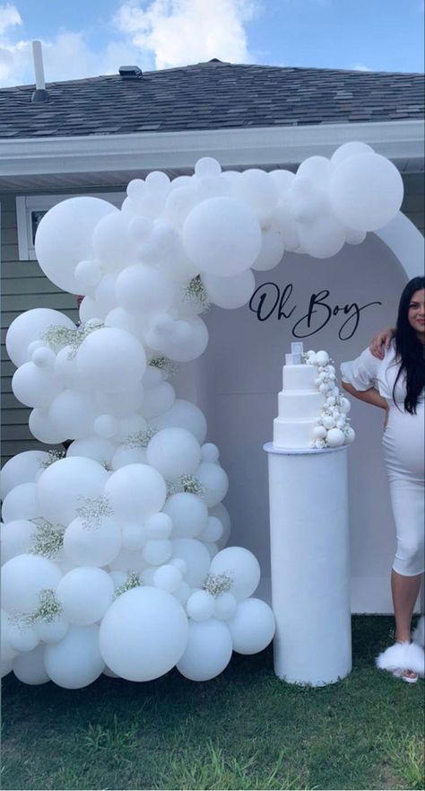 All White Gender Reveal Party Ideas, Gender Reveal White Decorations, All White Baby Shower Ideas, All White Gender Reveal Cake, White Decor Party, White Gender Reveal Decor, All White Gender Reveal Party Decor, All White Gender Reveal, White Cloud Baby Shower Theme