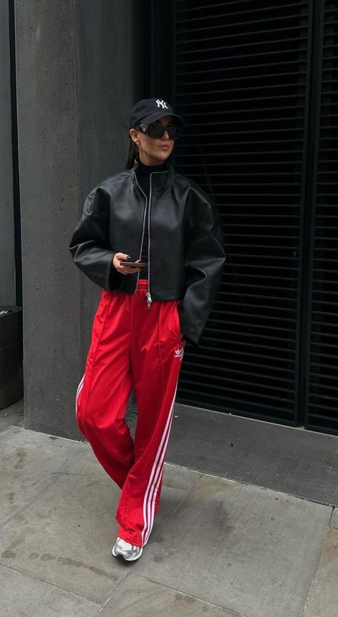 Red Track Jacket Outfit, Adidas Red Track Pants Outfit, Classy Tracksuit Outfit, Adidas Track Pants Outfit Winter, Jog Pants Outfit, Adidas Track Jacket Outfit Street Style, Trackpant Outfit Street Style, Red Joggers Outfit For Women, Trackpants Adidas Outfit