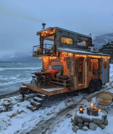 House By The Ocean, Hut Design, Old School Bus, Wooden Container, Bus Living, Calming Spaces, Van Life Diy, Cosy Room, Unusual Homes