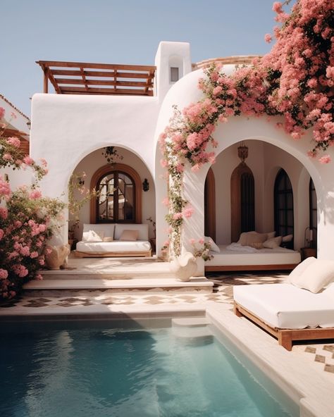 Link In Bio Design, Santorini House, Bio Design, Apartment Exterior, House Arch Design, Spanish Style Homes, Backyard Pool Designs, Spanish House, Mediterranean Homes