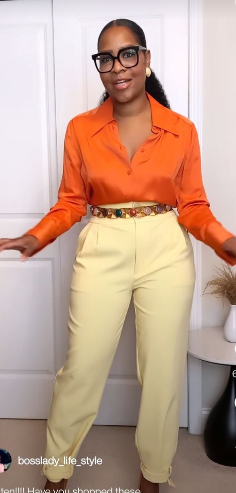 Business Casual Outfits Orange, Monochromatic Corporate Outfit, Orange Business Casual Outfits, Spring Work Attire For Women, Business Professional Outfits Colorful, Yellow Top Outfit Work, Orange Slacks Outfit, Slacker Outfits, Business Casual Outfits Colorful