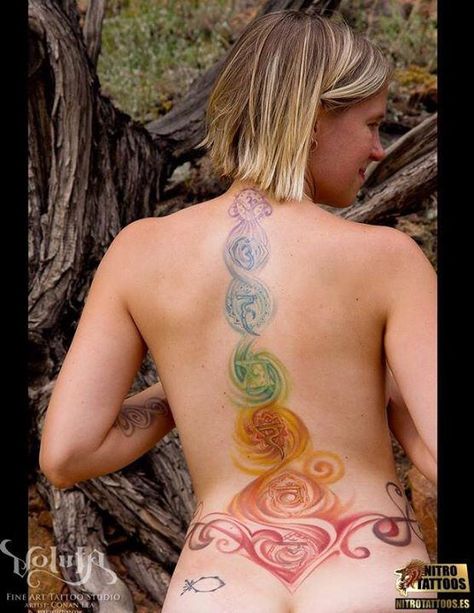 Tattoos Kundalini Tattoo, Spinal Tattoo, Chakra Tattoo, Tato Minimal, Yoga Tattoos, Rainbow Tattoos, Spiritual Tattoos, Spine Tattoo, Spine Tattoos