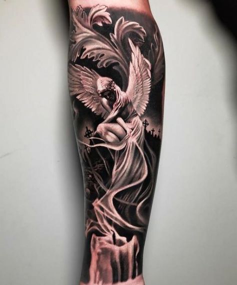 Candle with smoke and Angel tattoo Religous Tattoo, Angel Sleeve Tattoo, Mangas Tattoo, Candle Tattoo, Skull Sleeve Tattoos, Dove Tattoo, Realistic Tattoo Sleeve, Men Tattoos Arm Sleeve, Forarm Tattoos