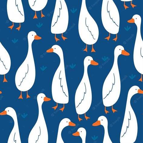 Premium Vector | Pattern with cute goose on blue background vector illustration in flat style Animated Duck, Duck Drawings, Goose Drawing, Chicken Illustration, Duck Illustration, Duck Wallpaper, Flying Birds, Illustration Art Drawing, Bird Patterns