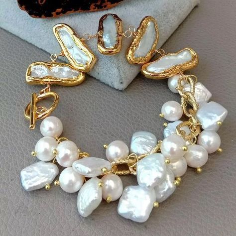 MIANIK Gems Info: Fresh water cultured pearl, white potato pearl and keshi Biwa pearl, good quality, high luster! Diameter: 8-9mm-10-11mm(pearl), 11x25mm(keshi pearl). length: 8"(bracelet). Clasp: Toggle clasp Keshi Pearl Bracelet, Gold Coin Jewelry, Biwa Pearls, Matching Jewelry, Keshi Pearls, Coin Jewelry, Lovely Jewellery, Gold Plated Chains, Gold Pearl