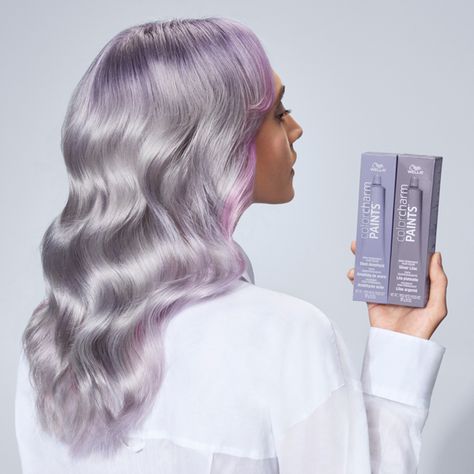 Chrome, Silver Lilac and Steel Amethyst PAINTS (as well as the other 17 shades) are free of ammonia, peroxide, parabens and animal-derived ingredients. And, no developer is needed! All you have to do is open, mix and paint directly on hair. Thanks to Wella's Stay Put Technology, you can use multiple colors side-by-side, foil-free without the risk of bleeding. Results last up to 20 washes and fade beautifully on tone. Lilac Silver Hair, Lilac Grey Hair, Color Melting Hair, Black Hair Ideas, Wella Color Charm, Beauty Professional, Lilac Hair, Semi Permanent Hair Color, Wella Color