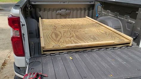 Ute Drawers Storage Ideas, Truck Bed Slider Diy, Tool Box Organization Ideas Truck, Diy Truck Bed Extender, Truck Bed Drawers Diy, Tool Truck Organization, Truck Bed Pull Out Tray Diy, Diy Bed Slide, Pickup Bed Storage Ideas