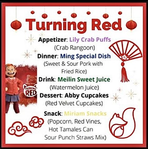 Turning Red Themed Dinner, Turning Red Dinner And A Movie, Turning Red Movie Night, Fall Movie Themed Dinner Ideas, Movie Themed Dinner Ideas Adult, Dinner Movie Theme Night, Movie And Dinner Theme, Themed Movie Nights For Kids, Dinner And Movie Theme Night