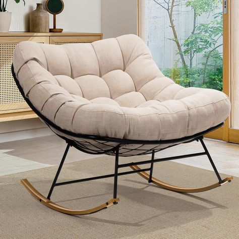 PRICES MAY VARY. 400LBS STURDY CONSTRUCTION: A 400 lbs weight capacity makes patio rocking chair suitable for heavy use. You can enjoy comfortable switte outdoor rocking chair on the bottom sled thanks to the plastic added to protect your floors and reduce noise. THICK AND FLUFFY CUSHION: Overstuffed padded cushion with 7'' thickness increases the comfort and cozy to the lounging experience. The handcrated diamond tufting of our rocking egg chair outdoor upgrades the aesthetics of the interior. Cozy Rocking Chairs, Unique Chairs For Living Room, Oversized Rocking Chair, Cool Chairs For Living Room, Comfy Chair For Bedroom, Rocking Chair In Bedroom, Bedroom Comfy Chair, Rocking Chair Aesthetic, Comfortable Chairs For Living Room