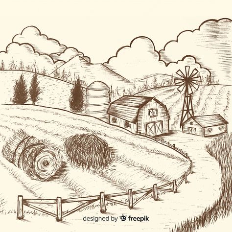 Barn Drawing, Landscape Drawing Tutorial, Landscape Drawing Easy, Abstract Art Projects, Farm Landscape, Fall Drawings, Western Artwork, Farm Paintings, Landscape Sketch