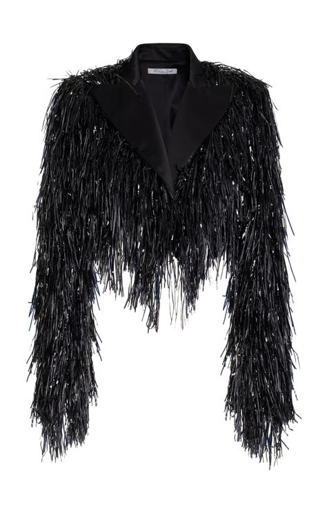 Fringed Cropped Blazer Jacket by LAQUAN SMITH for Preorder on Moda Operandi Wedding Dress Outfit, Blazer Outfits For Women, Cropped Blazer Jacket, Laquan Smith, Nye Outfits, Crop Blazer, Total Black, Black Fringe, 2023 Collection