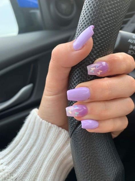 Lavender Nails With Butterflies Short, Short Purple Nails With Butterflies, Butterfly Nail Ideas Short, Crazy Glitter Nails, Lavender Nails With Butterflies, Purple Butterfly Acrylic Nails, Lilac Butterfly Nails, Purple Nails Butterfly, Short Butterfly Nails