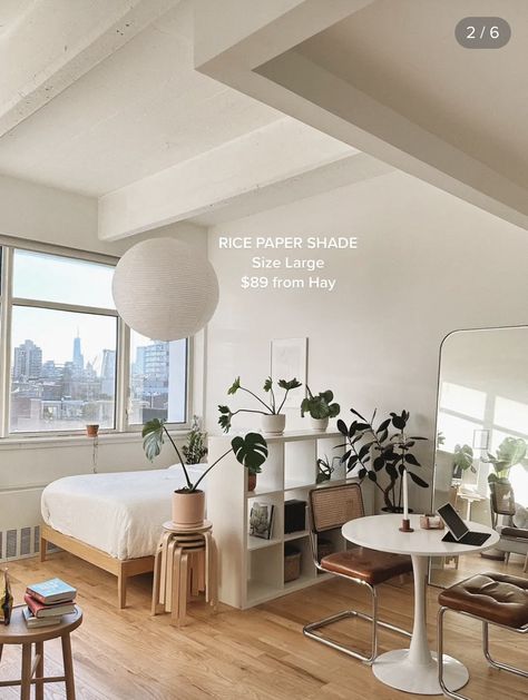 White Aesthetic Studio Apartment, Lofted Apartment Ideas, Loft Apartment Dining Area, Korean Style Studio Apartment, White Interior Aesthetic, Home Decor Ideas Studio Apartment, Nyc Small Studio Apartment, Muji Studio Apartment, Studio Apartment With Workspace