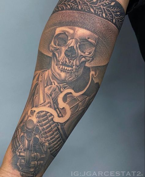 Charra Tattoos Mexican, Charro Skull Tattoo, Charro Tattoo Mexican, Charro Tattoo Design, Mexican Sleeve Tattoo, Charra Tattoos, Bandit Tattoo, Mariachi Tattoo, Mexican Skull Tattoos