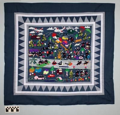 Luther Anthropology Database : Ethnographic : E1171: Hmong Story Cloth, Refugee Story Motif [E1171] Artifact Art, Paj Ntaub, Hmong Textiles, Animal Embroidery, Historical Society, Anthropology, Embroidery Thread, Art Materials, Artifacts