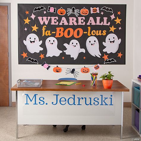 Halloween Staff Bulletin Board, Teacher Halloween Bulletin Boards, Classroom Leaves Decor, Paint Samples On Wall Decor, Halloween Decoration School, Halloween Decorations For Daycare, School Office Door Decorating Ideas, Fall Classroom Boards, Cute Halloween Classroom Door Ideas