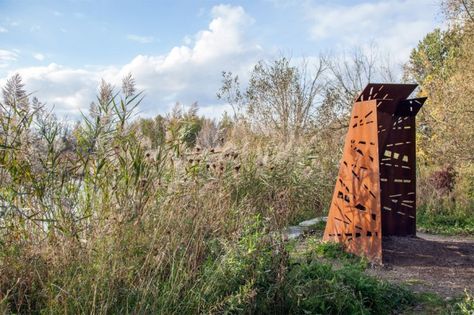 Viewpoint architecture: East Point Park bird sanctuary weathering steel pavilions by Plant Architect in Toronto, Ontario Canada Viewpoint Architecture, Bird Watching Tower, Bird Hide, Weathered Steel, Pavilion Architecture, Bird Sanctuary, Bird Box, Landscape Structure, Blinds Design