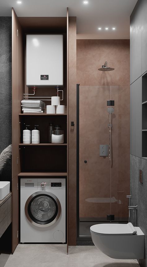 Narrow Laundry Room, Small Full Bathroom, Small Toilet Room, Luxe Bedroom, Laundry Room Closet, Beige Bathroom, Small Toilet, Architecture 3d, Bathroom Inspiration Decor