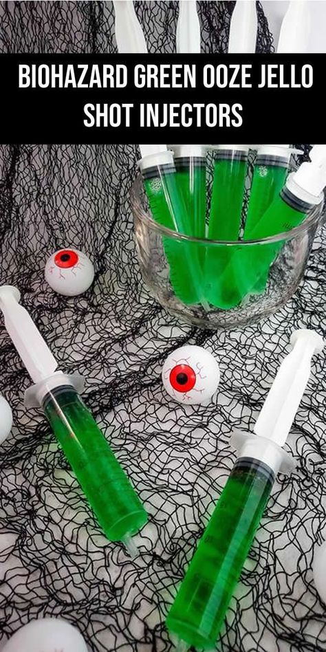 biohazard green ooze rum Jello shot injectors with rum alcohol Jello Shots Recipe Halloween, Halloween Alcoholic Jello Shots, Jello Halloween Treats, Jello Halloween Shots, Jello Shots For Halloween Party, Best Halloween Jello Shots, Halloween Party Shots Alcohol, Green Jello Shots Recipe, Syringe Jello Shots Recipe