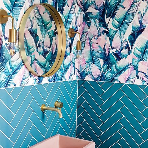 Hidden Utility, Understairs Toilet, Small Downstairs Toilet, Toilet Ideas, Paradise Wallpaper, Rainbow House, Banana Leaf Wallpaper, Downstairs Loo, Feature Wallpaper