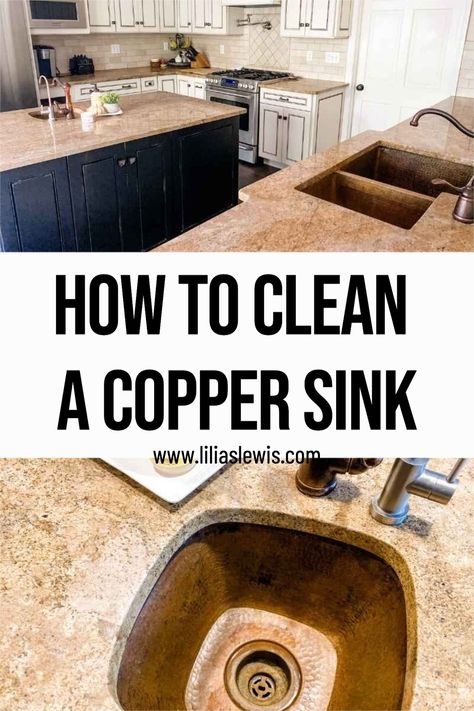 How to clean a copper sink Copper Sink With Stainless Appliances, Cleaning Copper Sinks, How To Clean Copper Sink, Kitchen With Copper Sink, Copper Handles Kitchen, Copper Undermount Sink, Black White Kitchen Decor, Moody House, Copper Sink Care