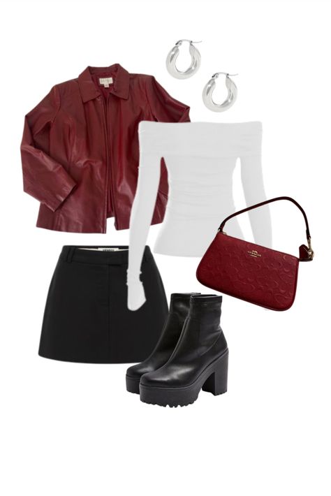 Red Longsleeves Outfit, Red Shoulder Bag Outfit, Aesthetic Black Boots, Red Fall Outfits, White Leather Jacket Outfit, Fall Outfits Red, Red Purse Outfit, Black Skirt Outfit Fall, Black Skirt Outfit Winter