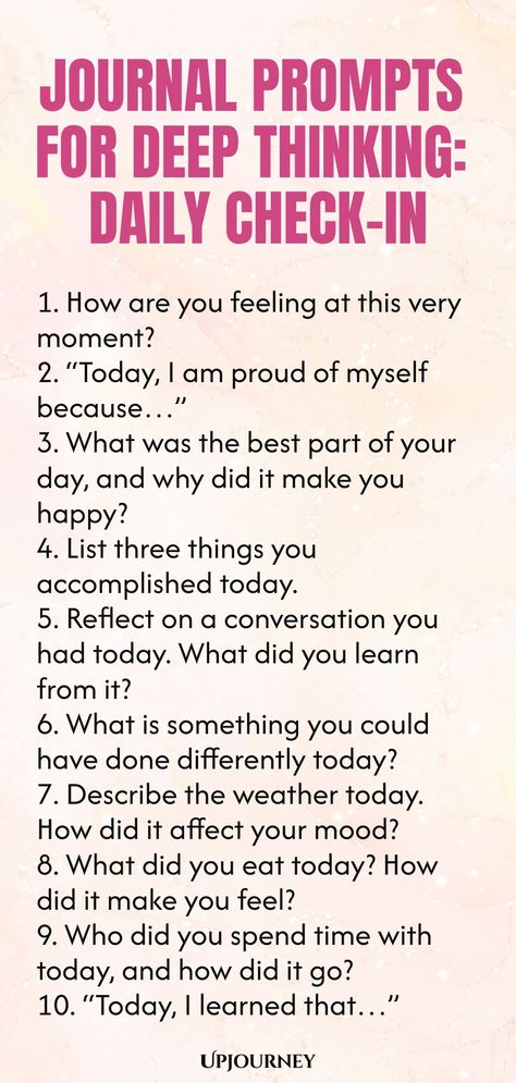 Explore our collection of thought-provoking journal prompts designed to encourage deep introspection and self-reflection. Use these daily check-ins to connect with your thoughts and emotions on a deeper level. Enhance your mindfulness practice and gain valuable insights into yourself through consistent journaling. Start each day with intentionality by incorporating these prompts into your routine. Take the time to delve beneath the surface and cultivate a greater understanding of your inner worl Daily Emotion Journal, Kid Journal Prompts, Thoughts Journal Ideas, Quick Journal Prompts, Journal Questions About Yourself, Journal Notes Ideas, Daily Prompts Journal, Positivity Journaling, Journaling Start