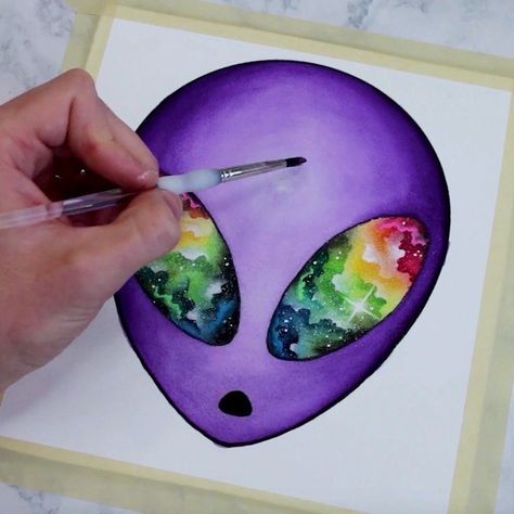 Tripy Space Art Easy, Cute Alien Painting, Alien Watercolor Painting, Trippy Alien Art, Trippy Alien Painting, Alien Painting Easy, Alien Art Painting, Alien Canvas Painting, Purple Painting Ideas