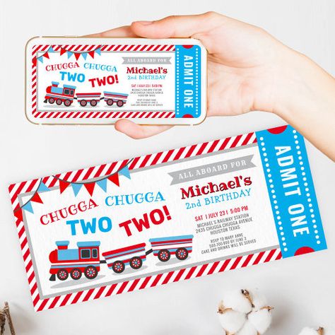 Chugga Chugga Two Two Train Ticket Birthday Invitation #zazzle #weddinginvitations #birthdayinvitations #babyshowerinvitations #zazzleinvitations #monogram #businesscards #graduation #homedecor Chugga Chugga Two Two 2nd Birthday, Chuggington Birthday Party, Chugga Chugga Two Two Birthday, Train Party Invitations, Vintage Train Birthday Party, Train Themed Birthday Party, Train Ticket Invitations, Vintage Train Party, Train Theme Party