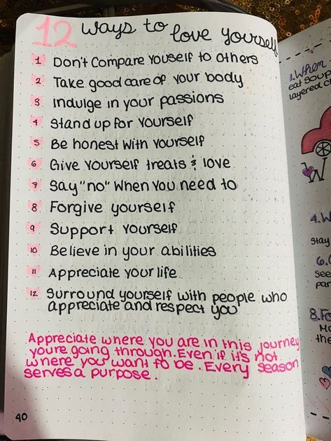 12 Ways To Love Yourself, Things To Put In A Notebook Ideas, Fun Journaling Ideas, Stuff To Write In A Journal, Journal Ideas Creative Notebooks, Vent Journal Ideas, Personal Journal Ideas Creative, Affirmation Notebook, Journal Ideas Creative