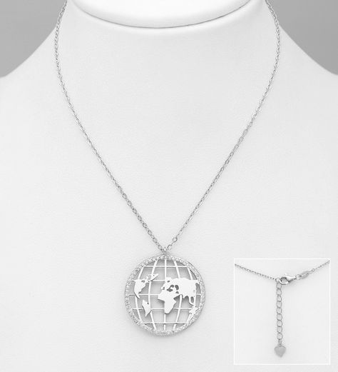 Sterling Silver Necklace With Round Pendant For Travel, Silver Planet Necklace, Silver World Necklace, Travel Inspired Jewelry, Travel-themed Compass Design Round Pendant Necklace, World Necklace, Victorian Style Jewelry, Planet Necklace, Travel Necklace