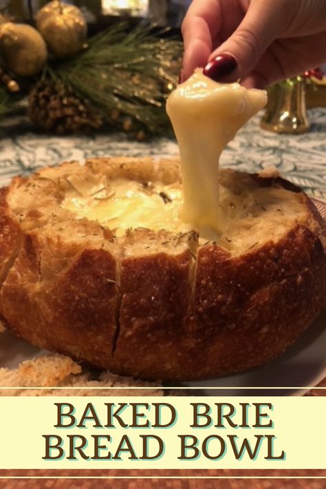 Brie Cheese Bowl Recipes, Cheese In Bread Bowl, Baked Brie In Sourdough Bread Bowl, Brie In Bread Bowl Baked, Bread Bowl Dip Recipes, Baked Brie Bread Bowl, Baked Brie Bread, Brie Bread Bowl, Bread Bowls Recipe