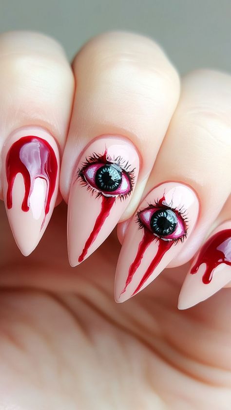 Scary Nails Designs, Rocky Horror Nails, Horror Nails Halloween, Gory Nails, Almond Halloween Nails, Halloween Almond Nails, Scary Halloween Nails, October Style, Zombie Nails