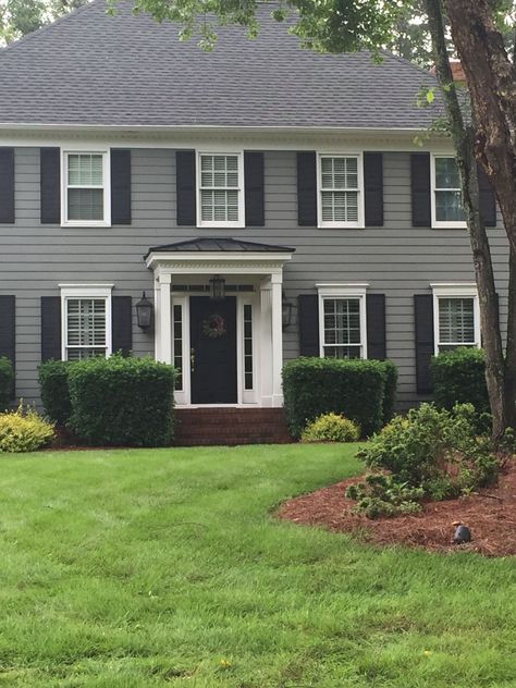 Colonial House With Portico, Colonial Siding Colors, Siding Ideas Exterior Colonial, Colonial Siding Ideas, Grey Colonial House Exterior, Gray Colonial House Exterior, Colonial House Porch, Colonial Exterior Colors, Colonial House Exterior Paint Colors