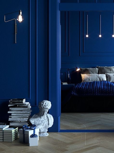 Modern Blue Interior Design, Dark Cobalt Blue Paint, Pantone Classic Blue, Royal Blue Interior Design, All Blue Room, Cobalt Blue Walls, Blue Monochromatic Room, Blue Wall Interior, Royal Blue Room