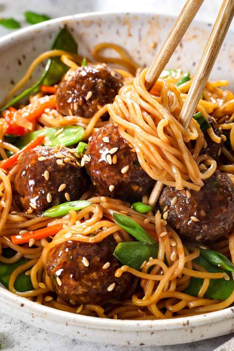 Asian Meatball Noodle Bowl, Stir Fry Meatballs, Asian Meatballs And Noodles, Best Way To Freeze Corn, Sesame Ginger Sauce, Freezing Corn, Asian Chili Sauce, Asian Turkey Meatballs, Yakisoba Noodles