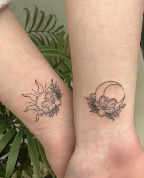 tattoo on wrist, moon and sun, flowers Moon And Sun Tattoo, Sun And Moon Tattoos, Matching Tattoo Ideas, Maching Tattoos, Mom And Daughter Tattoos, Bestie Tattoos, Cute Matching Tattoos, Moon Sun Tattoo, Mom Daughter Tattoos