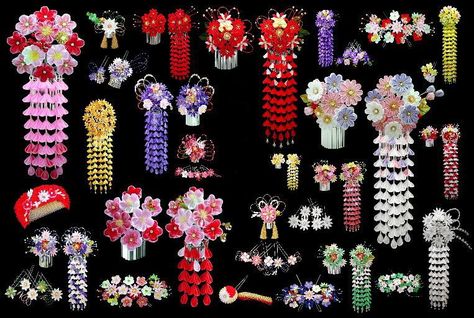 Geisha Hair, Embroidery Kimono, Japanese Traditional Clothing, Kanzashi Flowers, Japanese Hairstyle, Ribbon Art, Japanese Embroidery, Japanese Crafts, Hair Decorations