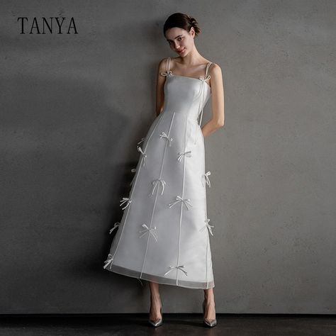 Spaghetti Straps Satin Wedding Dress With Bows A Line Sleeveless Tea Length Bridal Party Dress New Korean Style Bridal Gown - AliExpress 320 Old Money Satin Dress, Drees Korean Style Party, Korean Bridal Dress, Korean Wedding Dress Simple, Wedding Dress With Bows, Wedding Dress Korean, Wedding Dresses Korean, Wedding Party Dress Guest, Civil Wedding Dress