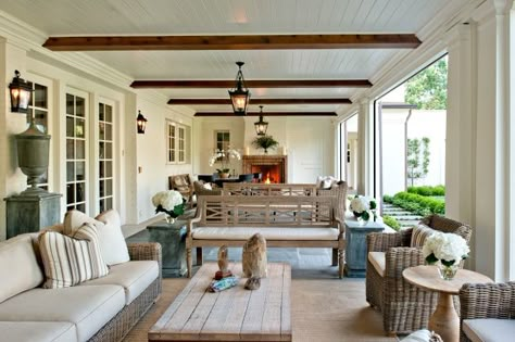 Stained Wood Beams, Beadboard Ceiling, Enclosed Patio, Summer Patio, Budget Patio, Apartment Patio, Wood Patio, Outdoor Living Room, Concrete Patio